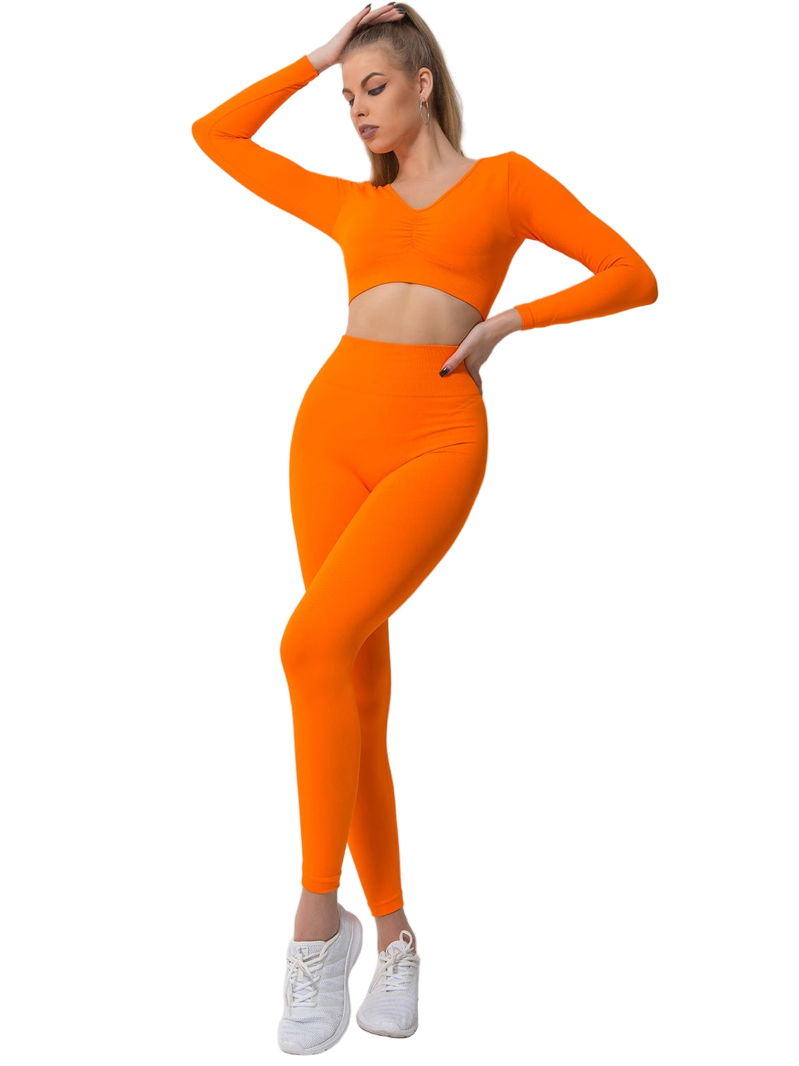 Wholesale 2-piece solid color soport sets v neck breathable wicking fitness workout sportwear