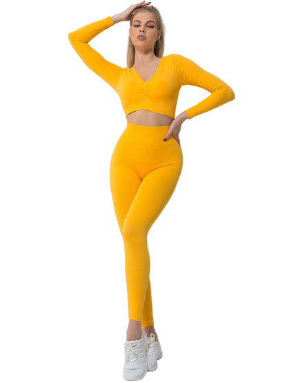 Wholesale 2-piece solid color soport sets v neck breathable wicking fitness workout sportwear