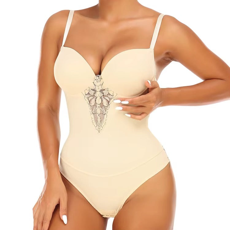 Sexy V-neck lace body shaper for women – tummy control and booty lift.