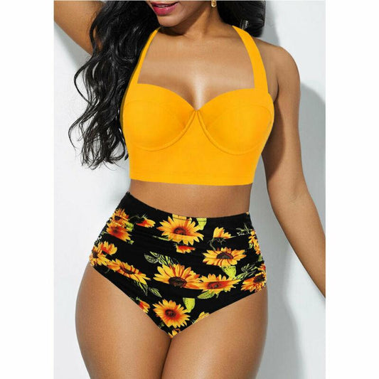Women's Push Up Padded Bra Bikini Set Women Vintage Tropical Print Swimsuit Retro Halter High Waist Bikinis Bra Set Swimwear Two Piece Bathing Suit High Waist Swimsuit Floral Bathing Suit Swimwear Summer Bathing Suit Beachwear