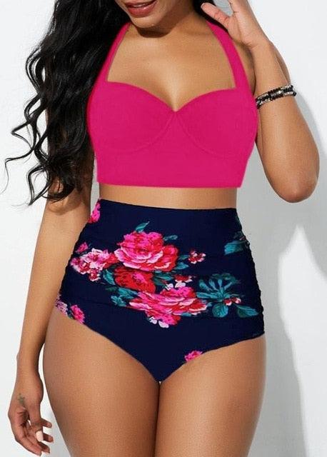 Women's Push Up Padded Bra Bikini Set Women Vintage Tropical Print Swimsuit Retro Halter High Waist Bikinis Bra Set Swimwear Two Piece Bathing Suit High Waist Swimsuit Floral Bathing Suit Swimwear Summer Bathing Suit Beachwear