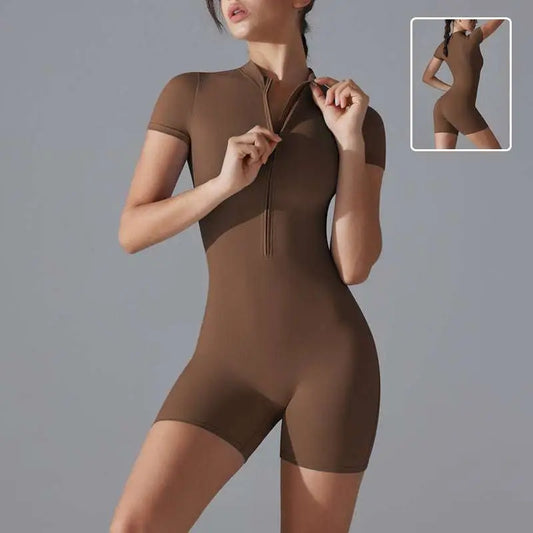 Women Summer Zipper Shorts Jumpsuit Yoga Bodysuit