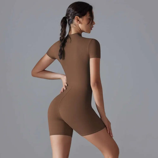 Women Summer Zipper Shorts Jumpsuit Yoga Bodysuit