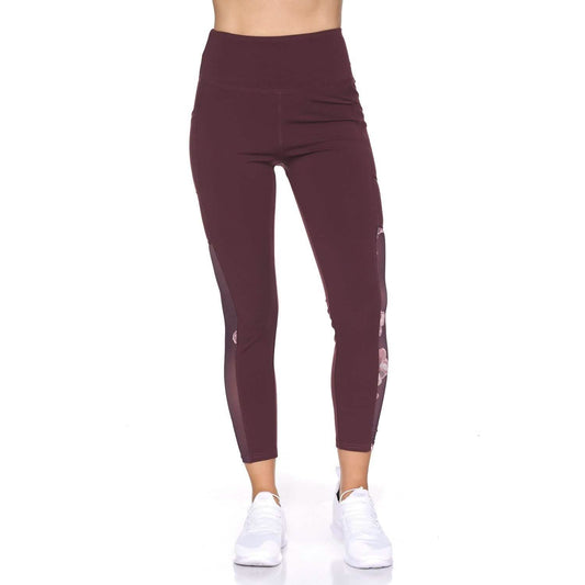 Women's 7/8 Active Leggings with Sheer Mesh Floral Panel and Pockets